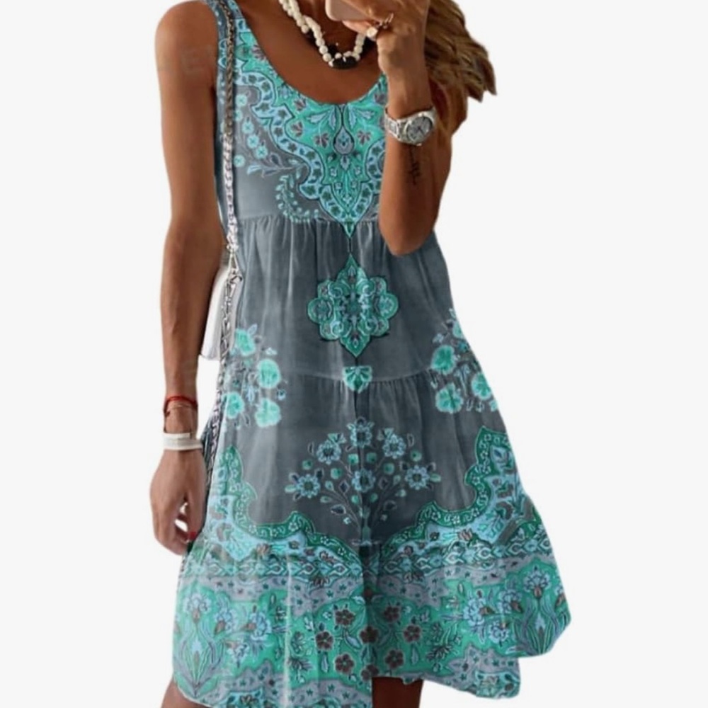 Tiaford boho tiered sleeveless short sundress small medium turquoise blue gray